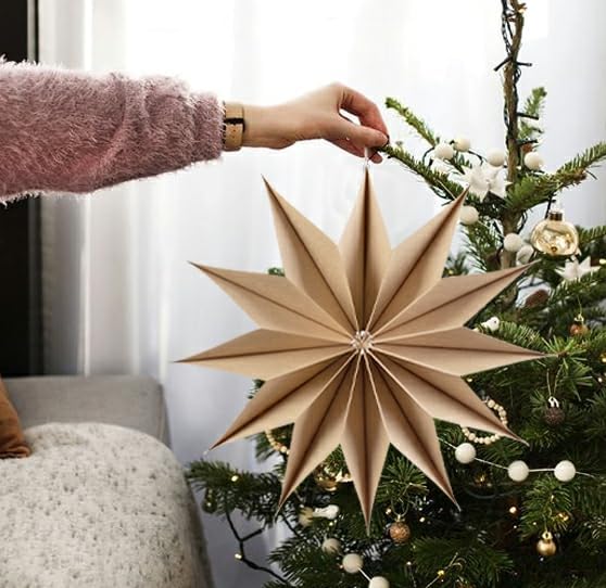 5 Pcs 12-Pointed Brown Paper Star Lanterns 12 Inch Hanging Lamp Rustic Paper - Image 6