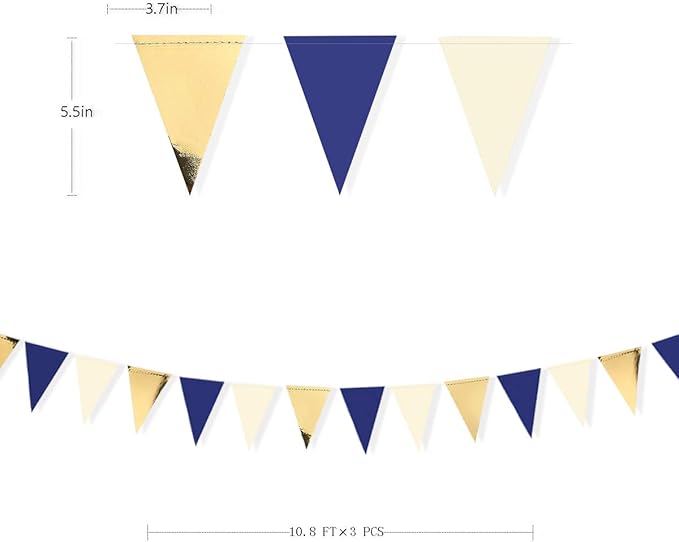 30Ft Navy Blue Gold and Beige Party Decorations Royal Blue Gold Triangle Flag - Image 2