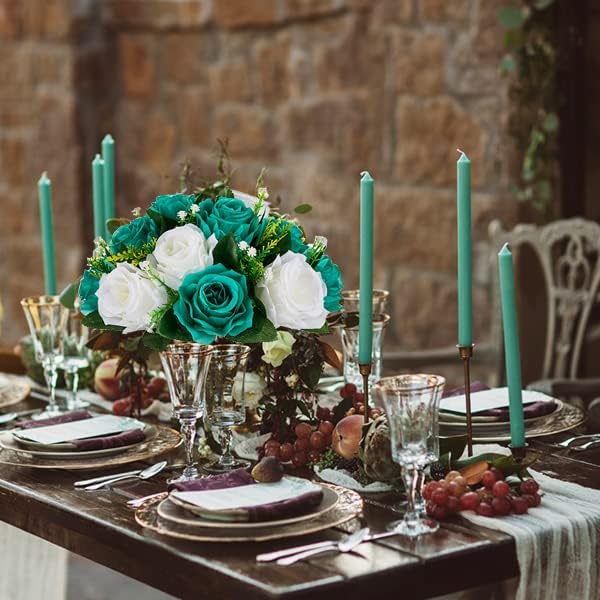 BLOSMON Teal Flowers Artificial Centerpieces: 6 Pcs Fake Roses Flowers Balls - Image 2
