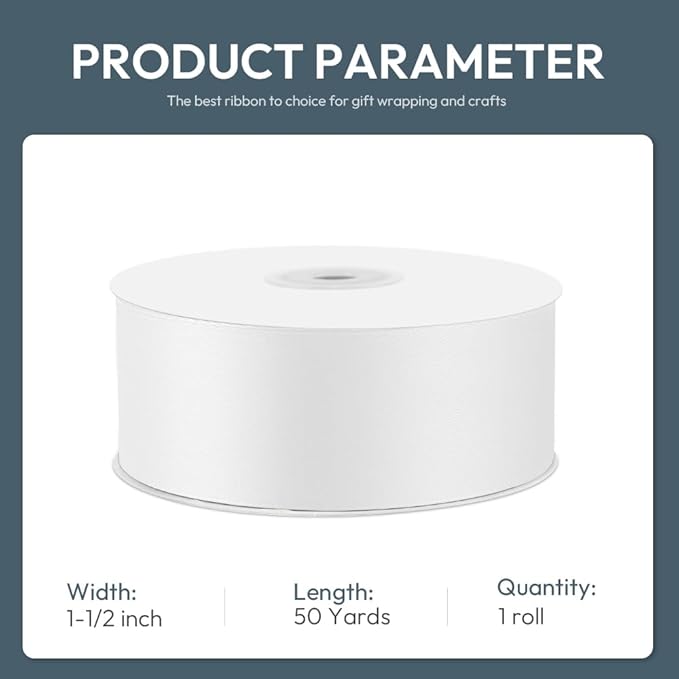 KMER LIFE 1-1/2" Wide x 50 Yards White Single Faced Polyester Satin Ribbon - Image 2