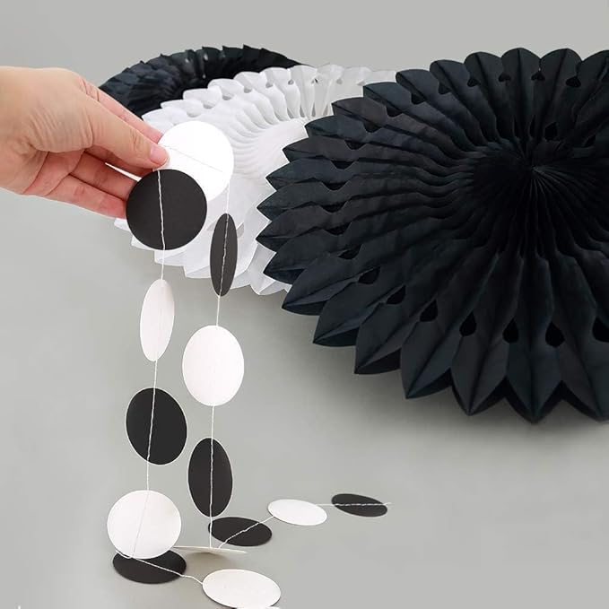 Cheerland Black White Party Decorations Hanging Paper Fans Garland Kit Gothic - Image 2