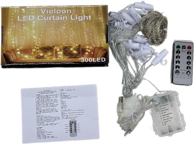 Vicloon Fairy Curtain Lights, 300 LED Warm White Curtain Lights, 8 Modes - Image 9
