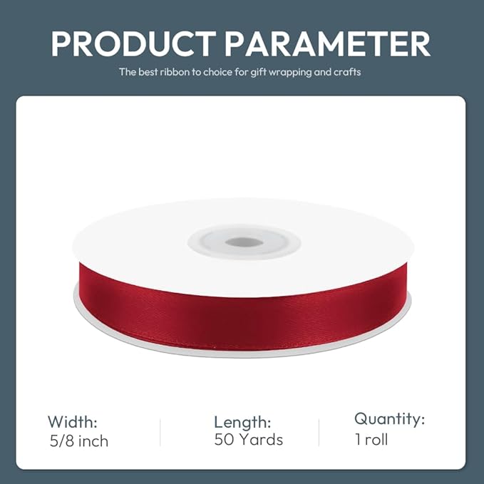 KMER LIFE 5/8" Wide x 50 Yards Wine Red Single Faced Polyester Satin Ribbon - Image 2