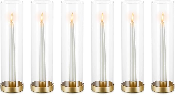 NUPTIO Hurricane Glass Candle Holders: 6 Pcs Gold Metal Taper Candlesticks by Nuptio
