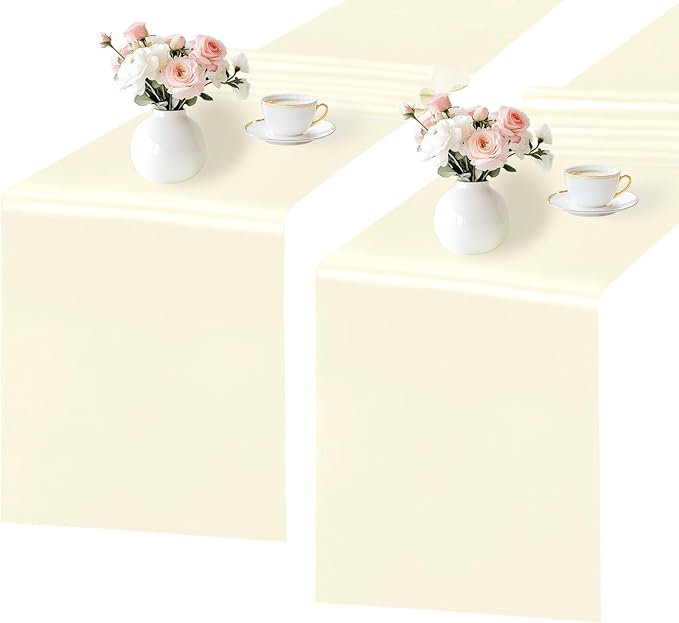 SHEJIZE 2 Pack White Satin Table Runner 12x108 Inches Long, Bright Silky Smooth by SHEJIZE