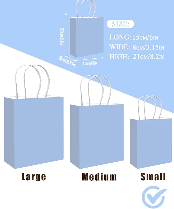 qiqee 50-Packs Gift Bag with Handles Bulk Light Blue Paper Bags Multiple Uses - Image 3