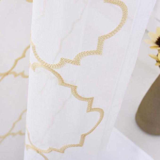 Embroidered Moroccan Tile Lattice Design Gold Sheer Curtains 84 Inch Long - Image 4