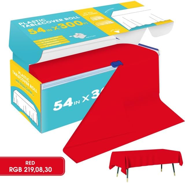 Red Plastic Table Cover Roll - 54IN x 300FT - Image 2