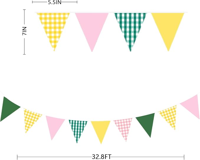 32Ft Camp Bride Party Decorations Pink Green Yellow Gingham Fabric Triangle - Image 3
