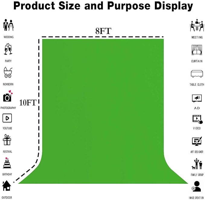 8x10FT Green High Density Fabric Screen Backdrop, Solid Color Photography - Image 3