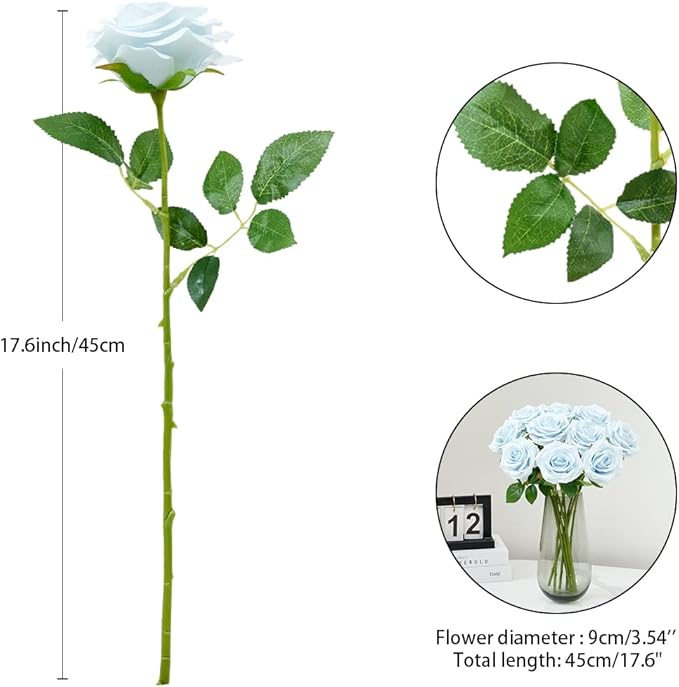 Artificial Rose 10pcs Ice Blue Open Flower Bouquet Faux Rose Stems - Image 4