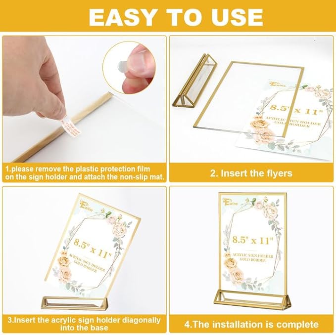 EHWINE 16 Pack Acrylic Sign Holder 8.5 x 11, Double Sided Gold Picture Frame - Image 5