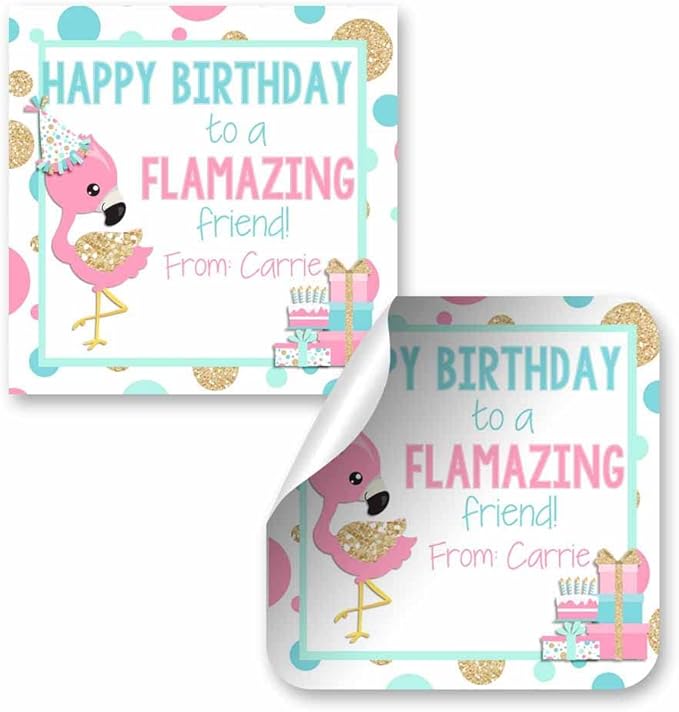 Custom & Personalized FLAMAZING Flamingo Happy Birthday Gift Tag Sticker Labels by AmandaCreation