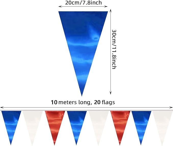 20M/65FT White Blue Red Triangle Pennant Banner Flag Metallic Fabric Bunting - Image 2