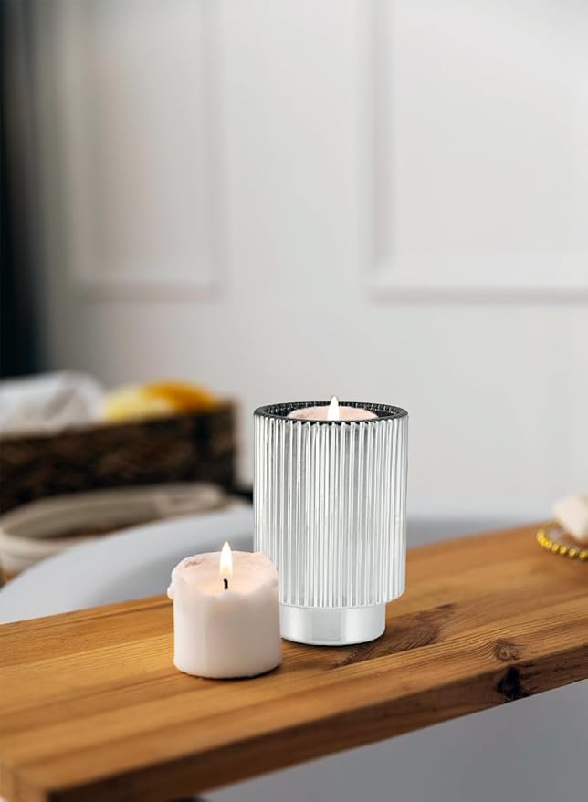 Serene Spaces Living Silver Ribbed Pedestal Glass Votive Holder, Table - Image 4