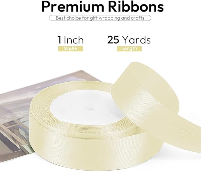 1 Inch 25 Yards Satin Ribbon Ivory, Solid Color Fabric Ribbon - Image 2