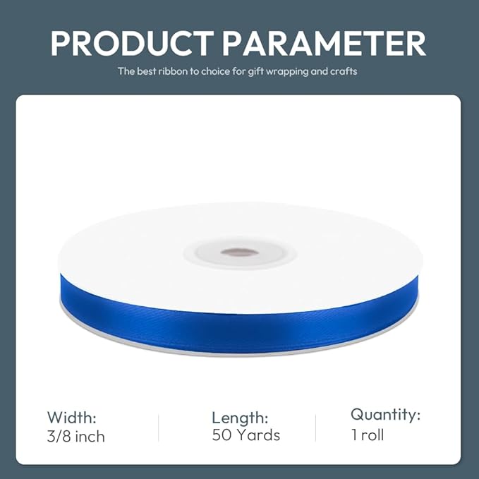 KMER LIFE 3/8" Wide x 50 Yards Royal Blue Single Faced Polyester Satin Ribbon - Image 2