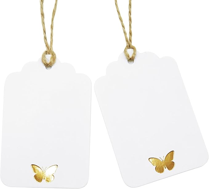 100Pcs Blank Gift Tags with String, Foil Gold Butterfly Large Gift Tags with 65 by ASYEHJNR