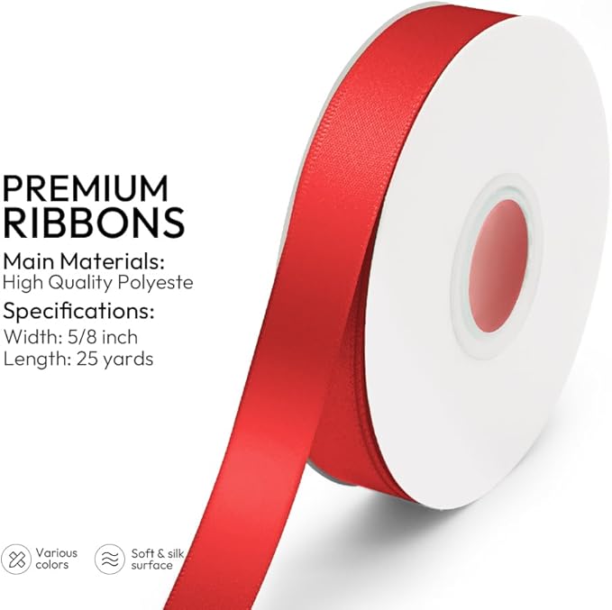 KMER LIFE 5/8 inch x 25 Yards Double Faced Polyester Red Satin Ribbon - Image 2