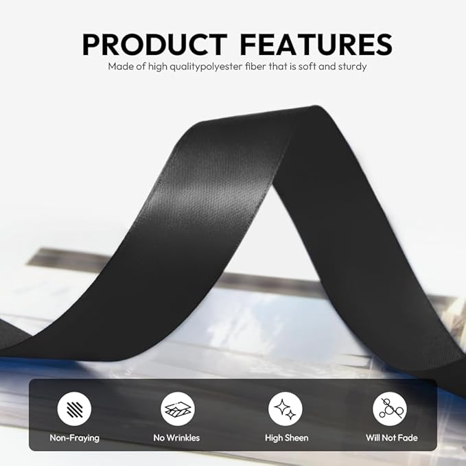1 Inch 100 Yards Satin Ribbon Black, Solid Color Fabric Ribbon - Image 3