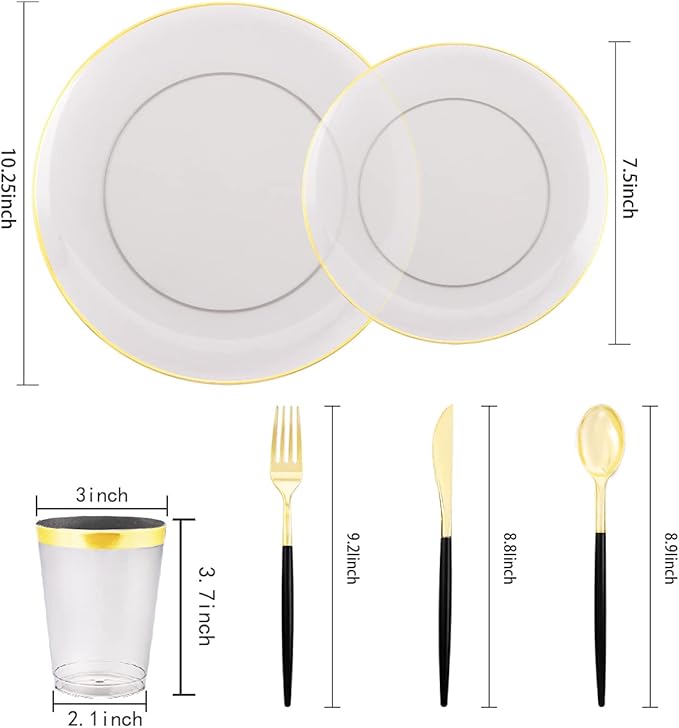 Supernal 180pcs Black Plastic Dinnerware Set Include Gold and Black Plates - Image 2
