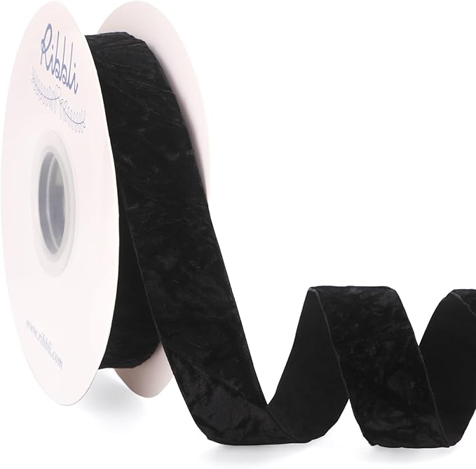 Ribbli Black Velvet Ribbon 1 Inches Luxury Crinkled Black Christmas Ribbon by Ribbli