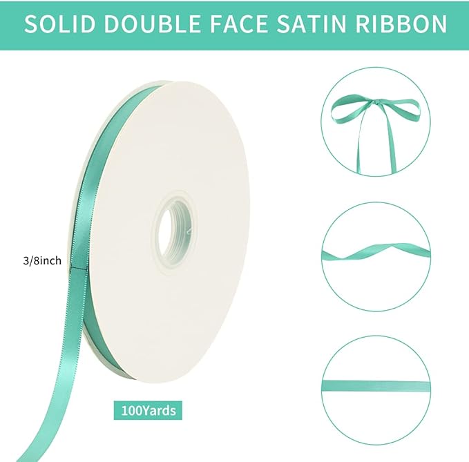 TONIFUL 3/8 Inch x 100yds Turquoise Aqua Blue Satin Ribbon Thin Solid Fabric - Image 2