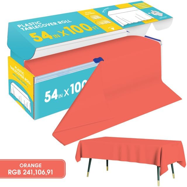 Orange Plastic Table Cover Roll - 54IN x 100FT - Image 2