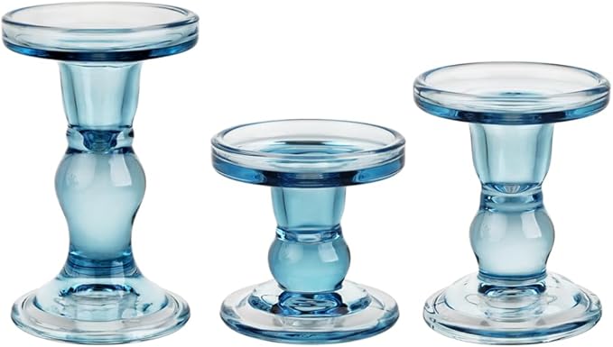 3-Piece Set of Blue Glass Candlestick, Crystal Candlestick Holder Holder and - Image 6