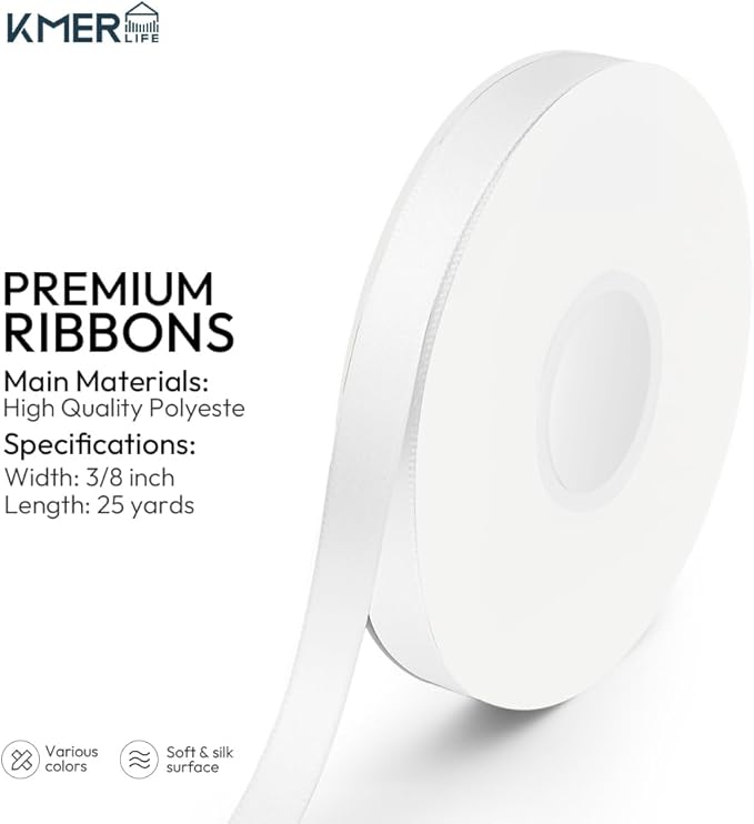 KMER LIFE 3/8 inch x 25 Yards Double Faced Polyester White Satin Ribbon - Image 2