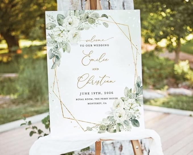 White Floral Wedding Welcome Sign Template, Sage Gold Reception Decor Sign - Image 2