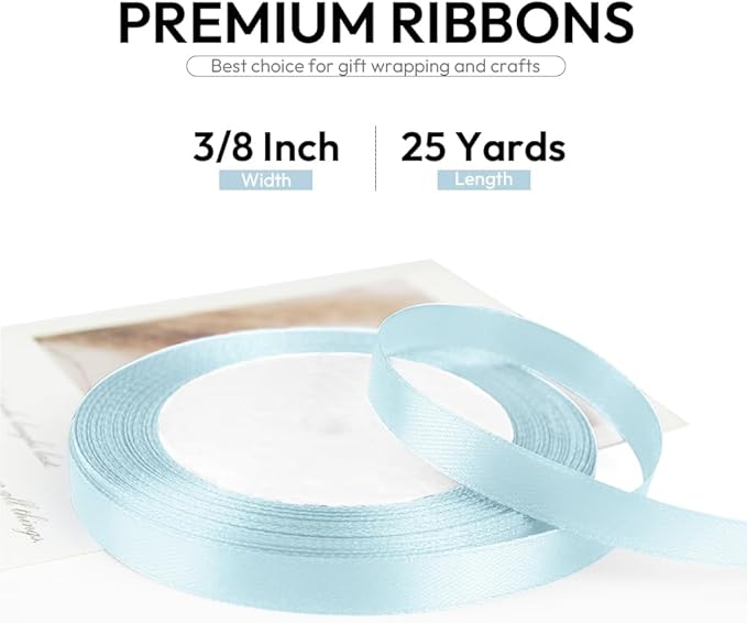 3/8 Inch 25 Yards Satin Ribbon Light Blue, Solid Color Fabric Ribbon - Image 2