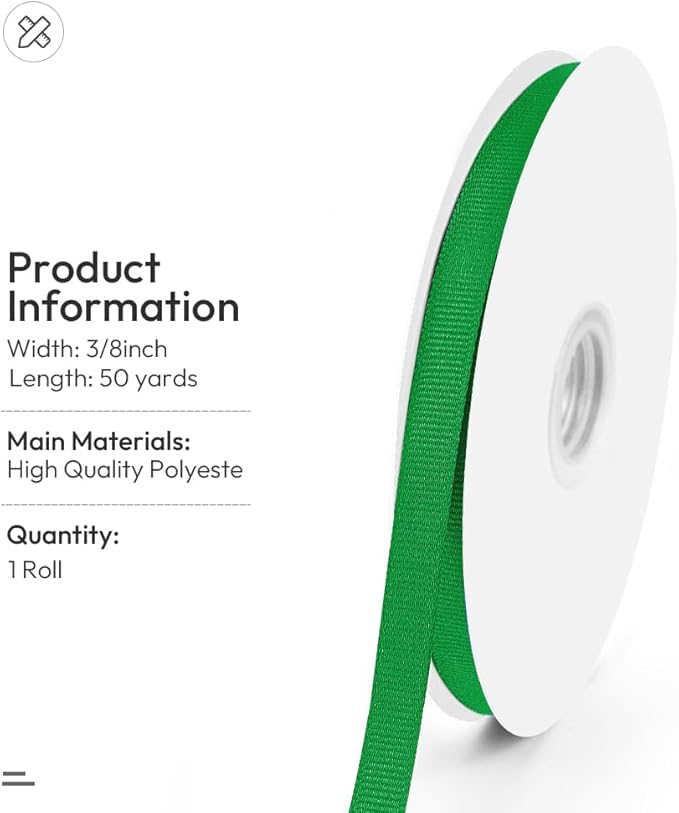 3/8" X 50 Yards Green Grosgrain Ribbon, Premium Grosgrain Ribbon - Image 2