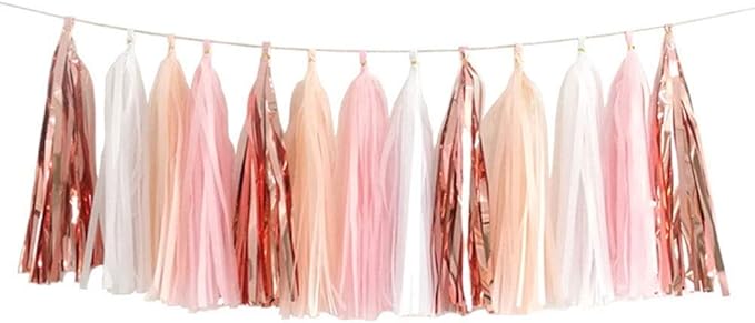 ZOOYOO Pink Shiny Tassel Garland Tissue Paper Tassel Banner, Table Decor by ZOOYOO
