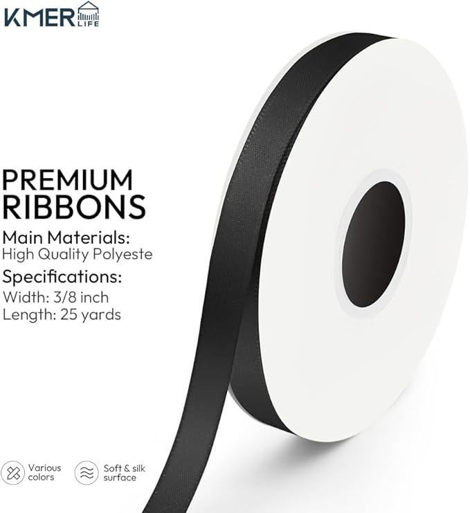 KMER LIFE 3/8 inch x 25 Yards Double Faced Polyester Black Satin Ribbon - Image 2