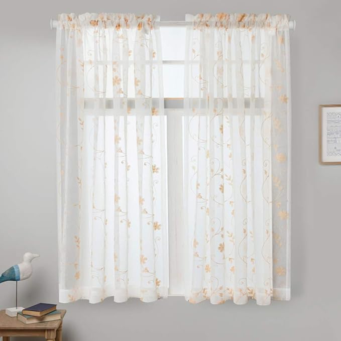 Embroidery Sheer Curtains Gold 63 Inch Length, Rod Pocket Voile Drapes - Image 2