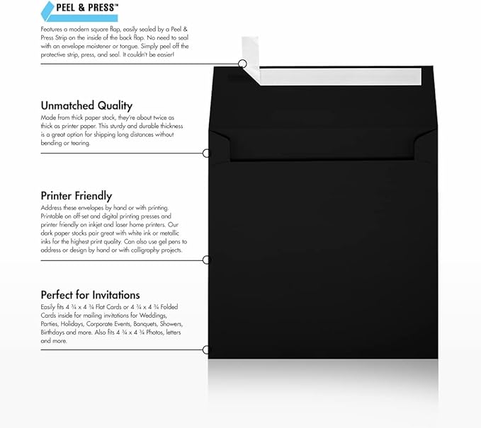 LUXPaper Square Invitation Envelopes | Peel & Press | 5" x 5" | Midnight Black - Image 9