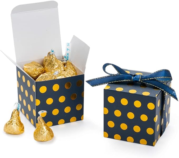 Navy Blue Gift Candy Box with Gold Dots Bulk 2x2x2 inches with Ribbon Party by AWELL