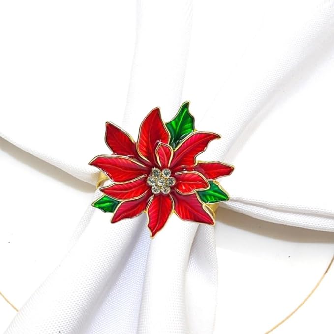 Poinsettia Napkin Rings Set of 6, Xmas Party Red Flower Napkin Holder Buckles - Image 2