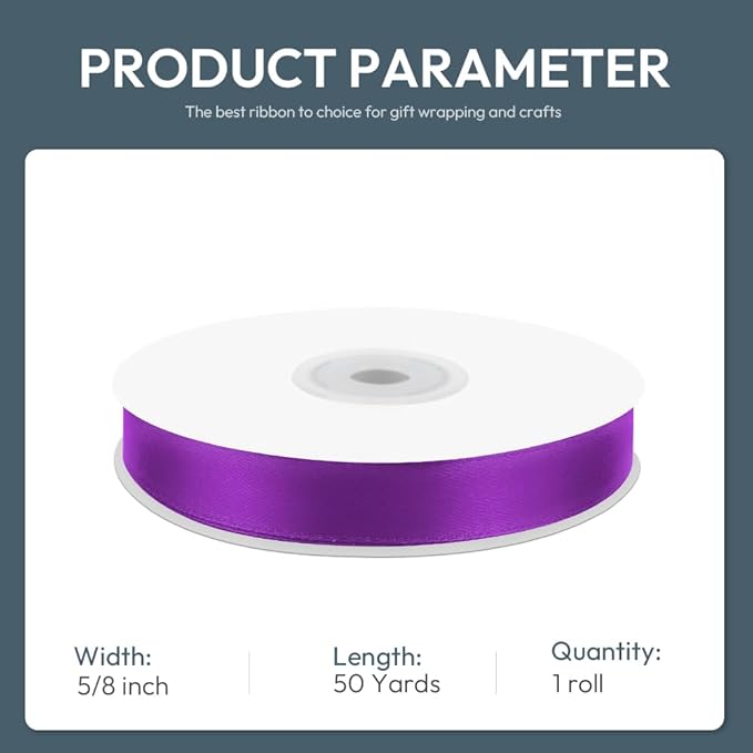 KMER LIFE 5/8" Wide x 50 Yards Purple Single Faced Polyester Satin Ribbon - Image 2
