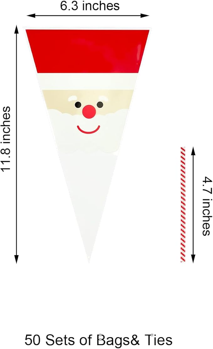 EKAPACKAGING 50Pcs 6.3x11.8 Inches Santa Print Cone Shaped Treat Bags - Image 2