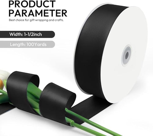 1-1/2 Inch 100 Yards Satin Ribbon Black, Solid Color Fabric Ribbon - Image 2