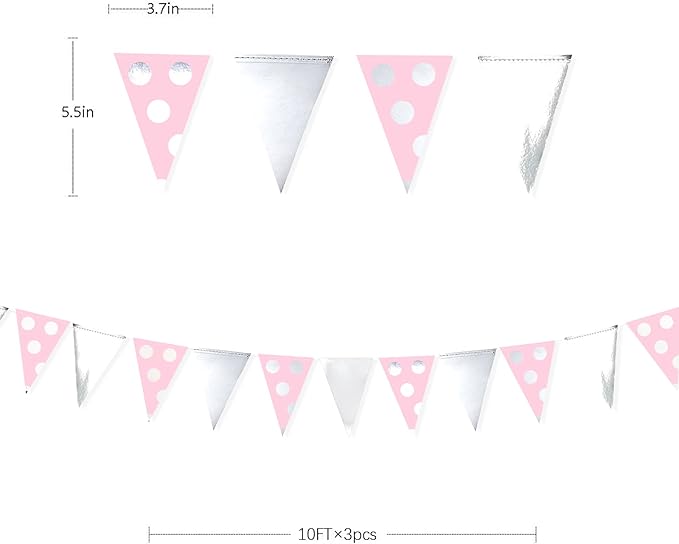 30 Ft Silver Pink Polka Dot Pennant Banner Blush Paper Circle Dot Triangle - Image 2