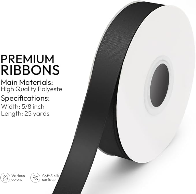 KMER LIFE 5/8 inch x 25 Yards Double Faced Polyester Black Satin Ribbon - Image 2