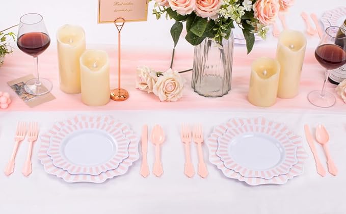 COLOSUS 150pcs Disposable Pink and White Stripped Plastic Plates and Silverware - Image 3