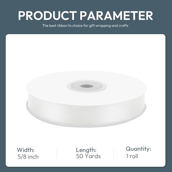 KMER LIFE 5/8" Wide x 50 Yards White Single Faced Polyester Satin Ribbon - Image 2