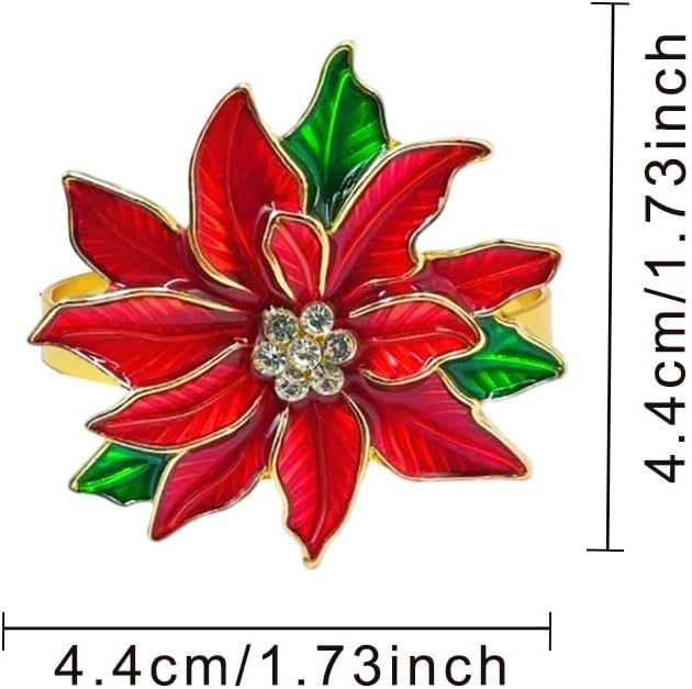 Poinsettia Napkin Rings Set of 6, Xmas Party Red Flower Napkin Holder Buckles - Image 3