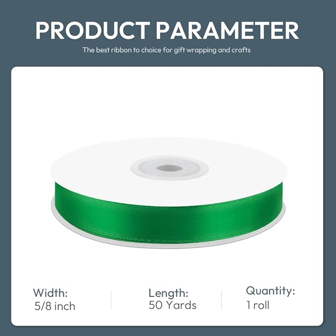 KMER LIFE 5/8" Wide x 50 Yards Green Polyester Satin Ribbon - Image 2