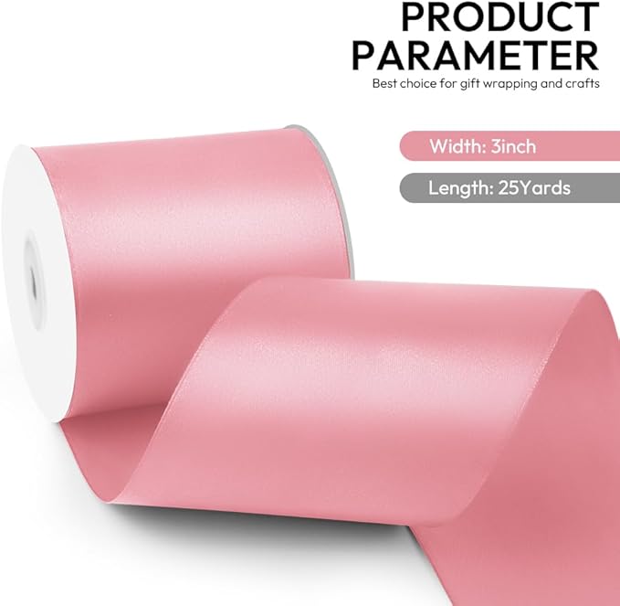 3 Inch 25 Yard Wide Satin Ribbon Pink, Solid Fabric Large Ribbon Roll - Image 2