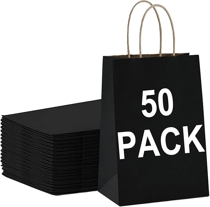 BAG BOX 50 Pack Small 5.9x3.1x8.25 Inch Black Kraft Paper Gift Bags by BAGBOX